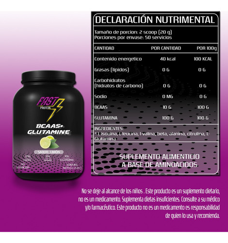 Aminoácidos Bcaas + Glutamina Fast 1kg Varios Sabores Limón