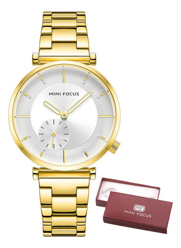 Relógio de pulso elegante de quartzo Mini Focus para mulheres, cor de pulseira dourada