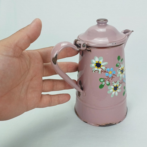 Bule Antigo Ferro Esmaltado Ágata Rosa Flores Raridade! (Usado)