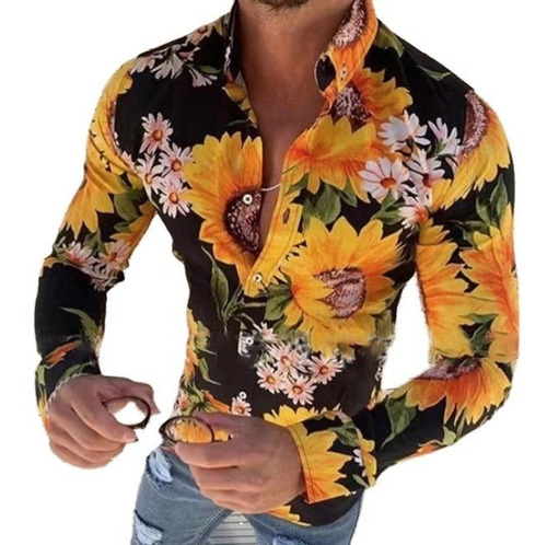 Camisa De Hombre Casual Con Botones De Solapa De Flores Esta