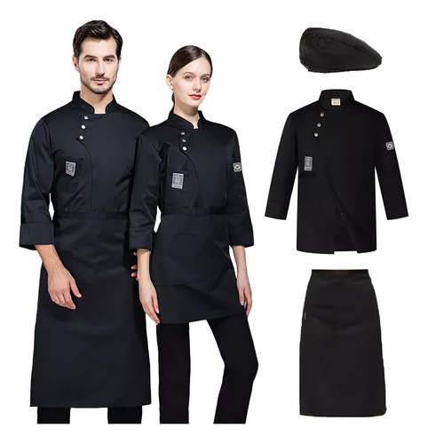Traje De Chef De Manga Larga, Camisa + Sombrero + Delantal