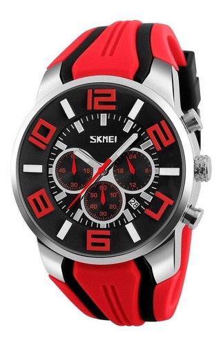 Reloj pulsera Skmei 9128 con correa de silicona color rojo/negro - fondo negro - bisel plateado