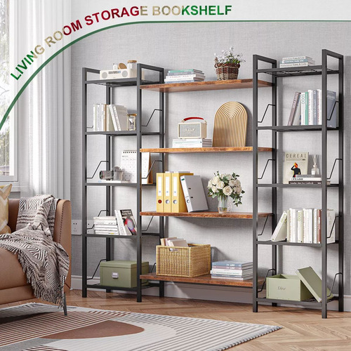 Librero Minimalista De Metal Con 5 Niveles Organizador 160cm Madera Oscura Y Negro