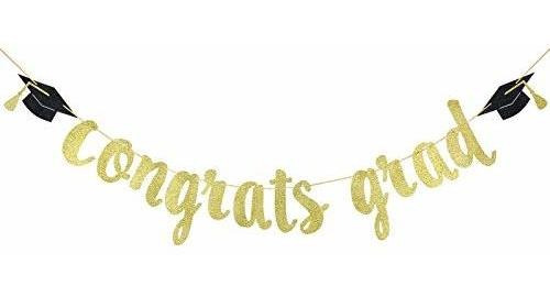 Congrats Grad Banner Gold Glitter - Suministros De Fiesta De