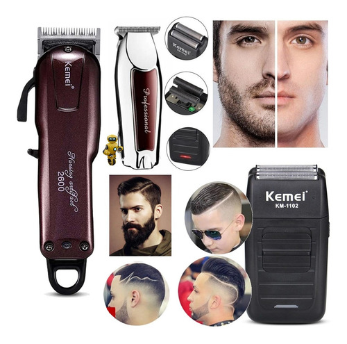 Imagem 4 de 6 de Kit 3 Maquinas Profissional Kemei Cortar Cabelo Acabamento