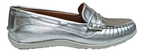 Zapato Mujer Mocasín Cuero Plata Base Goma Tr M C