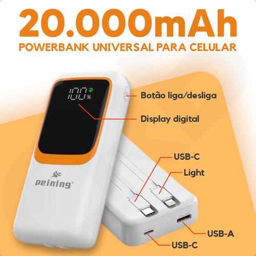 Carregador Portátil Power Bank Turbo 20.000mah Pd 22.5w Com Cabos Embutidos Cor Branco