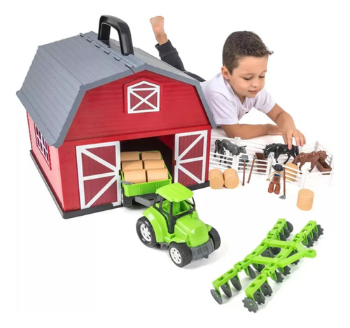 Brinquedo Fazendinha 40 Peça Celeiro Bonecos Trator Poliplac 40
