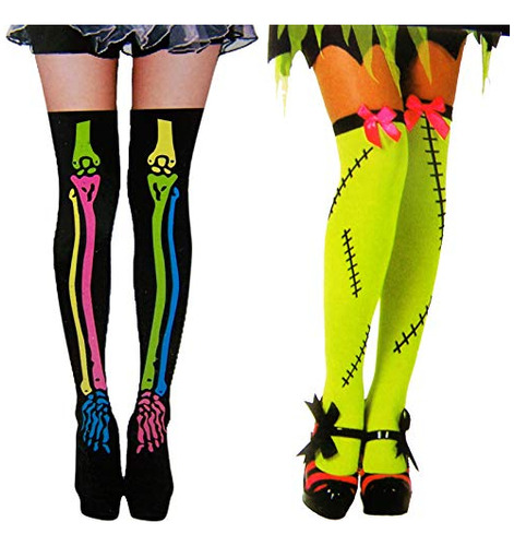 Halloween Muslo Alto Medias Esqueleto Negro Y Neon Fran...