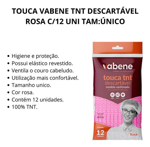 Touca Vabene Tnt Descartável Rosa C/12 Uni Tam:único