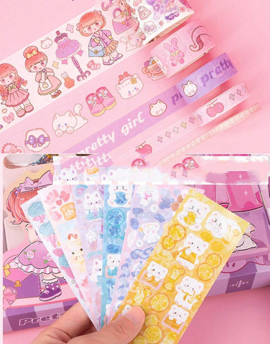Set Kit Papelería Kawaii Washitape Sticker Libreta Notas :)