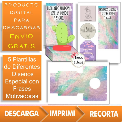 Imagen 3 de 4 de Kit Imprimible 05 Caja Portamaceta Frase Positiva + Tarjetas