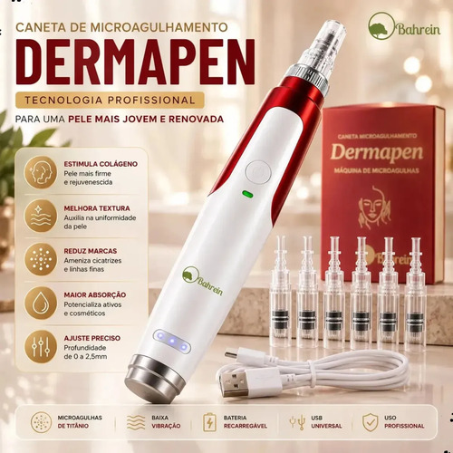 Caneta Microagulhamento Dermapen Portátil Com 5 Cartuchos E Carregador Microagulhamento Facial Derma Pen Caneta Dermapen Microagulhamento...