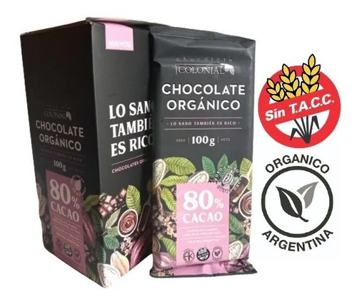 Chocolate Amargo Organico 80% Cacao Sin Tacc Caja 10 X 100g