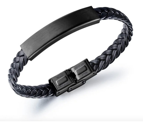 Pulsera Hombre De Cuero Y Acero Quirúrgico Negro