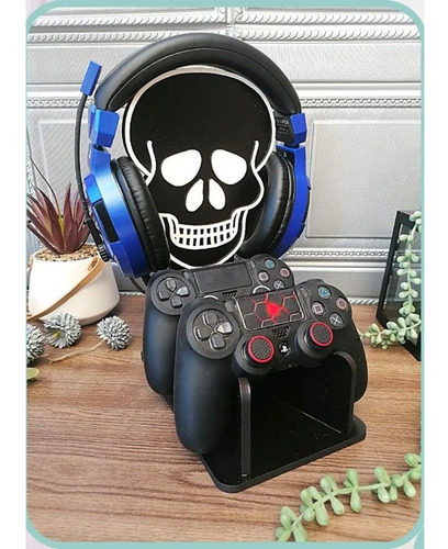 Soporte Doble Calavera Audifonos Y Controles En Madera Gamer