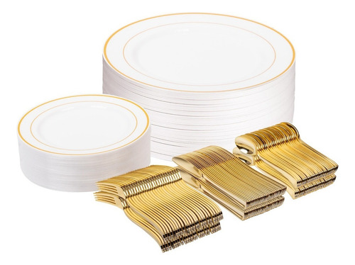 Vajilla Desechables Elegantes Plato Cubiertos Plástico 125pz Color Dorado Dorado