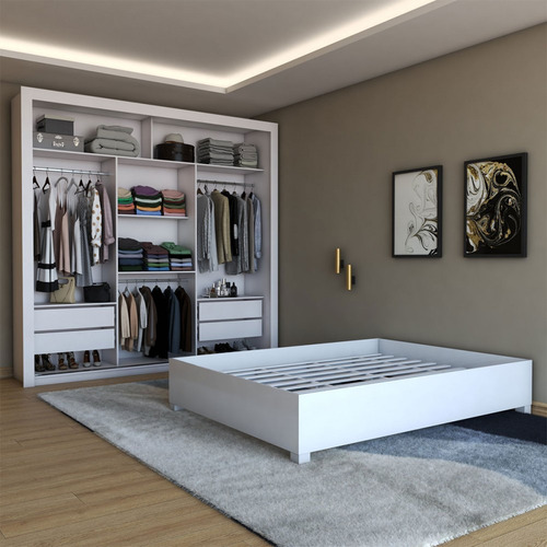 Guarda-roupa De Casal Carol 3 Portas Com Cama Branco