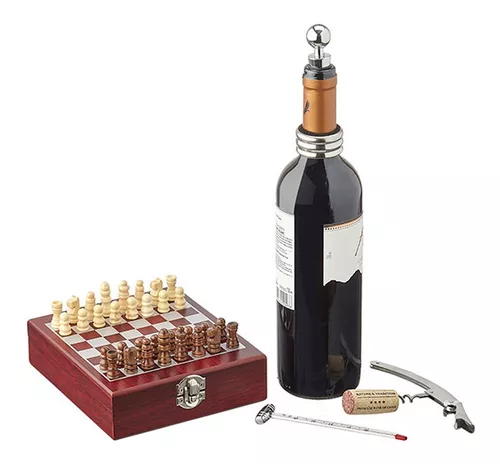 Case mini xadrez de madeira com kit vinho 17cm