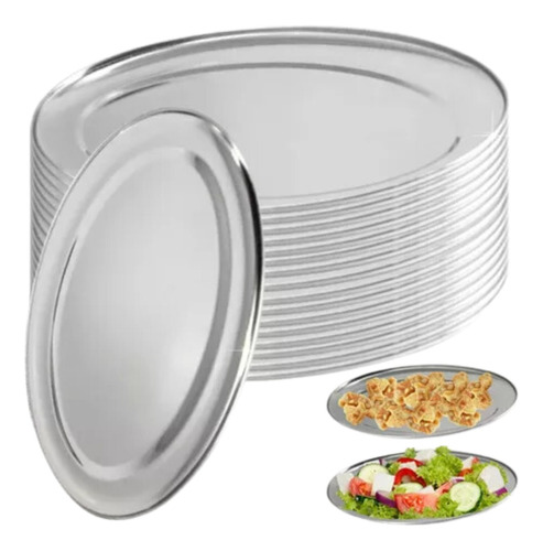 12 Travessas Oval Aço Inox Rasa 22 Cm - Bandeja Oval Porções