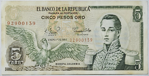 Billete 5 Pesos 01/ene/1980 Colombia Au