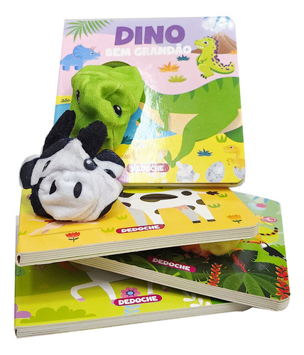 Kit Com 4 Livros Dedoche Interativos Cartonados Coleção Dedinhos Fantoches Vaquinha Dinossauro Unicórnio Tigre