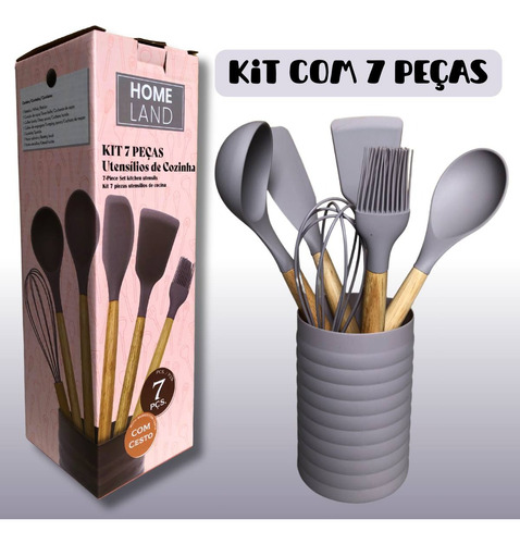 Kit Utensílios De Cozinha Em Silicone Com Cesto - 7 Peças