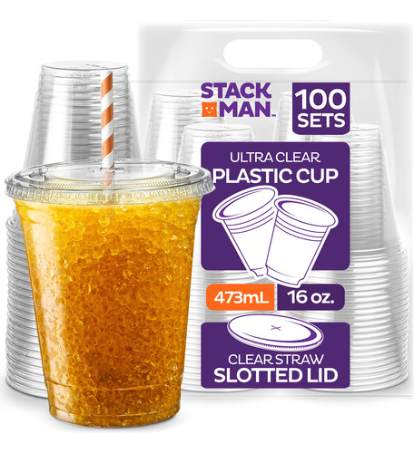 100 Juego 16 Oz Vaso Plastico Transparente Tapa Ranura