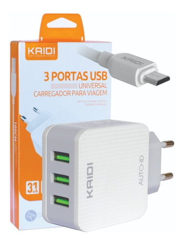 Carregador de tomada portas USB Kaidi Ultra Rapido com Cabo Micro USB