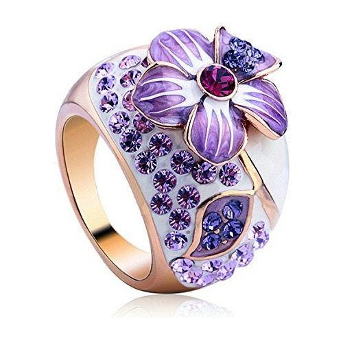 Anillo Joyería Mujer Cristal Austriaco Lila Flor Esmaltado