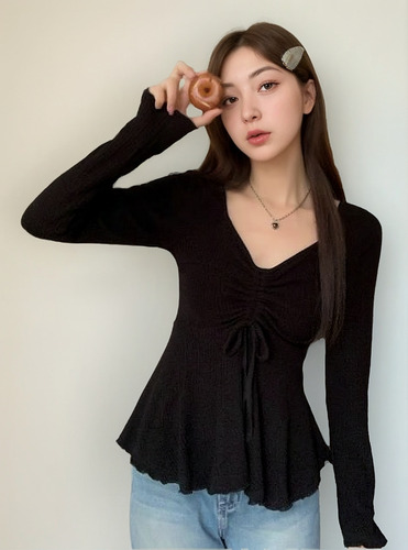 Camiseta Ajustada De Manga Larga Para Mujer Con Cuello En V