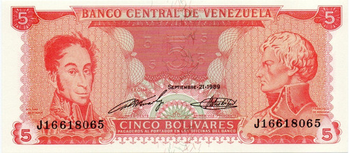 Billete 5 Bolívares 21 De Septiembre 1989 Serial J8