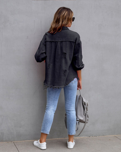 Chaqueta Oversize De Jeans Rasgada Y Gastada Para Mujer