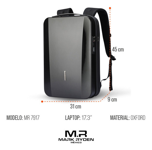Mochila Mark Ryden Mr7917 | Tapa Dura, Usb-c, Antirrobo, Repelente Al Agua, Porta Llaves, Compartimento Oculto, Apertura 180°