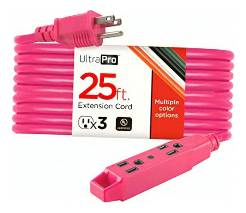 Ultrapro, Cable De Extensión De 3 Salidas De 7.5 M 25 Color Rosa neón