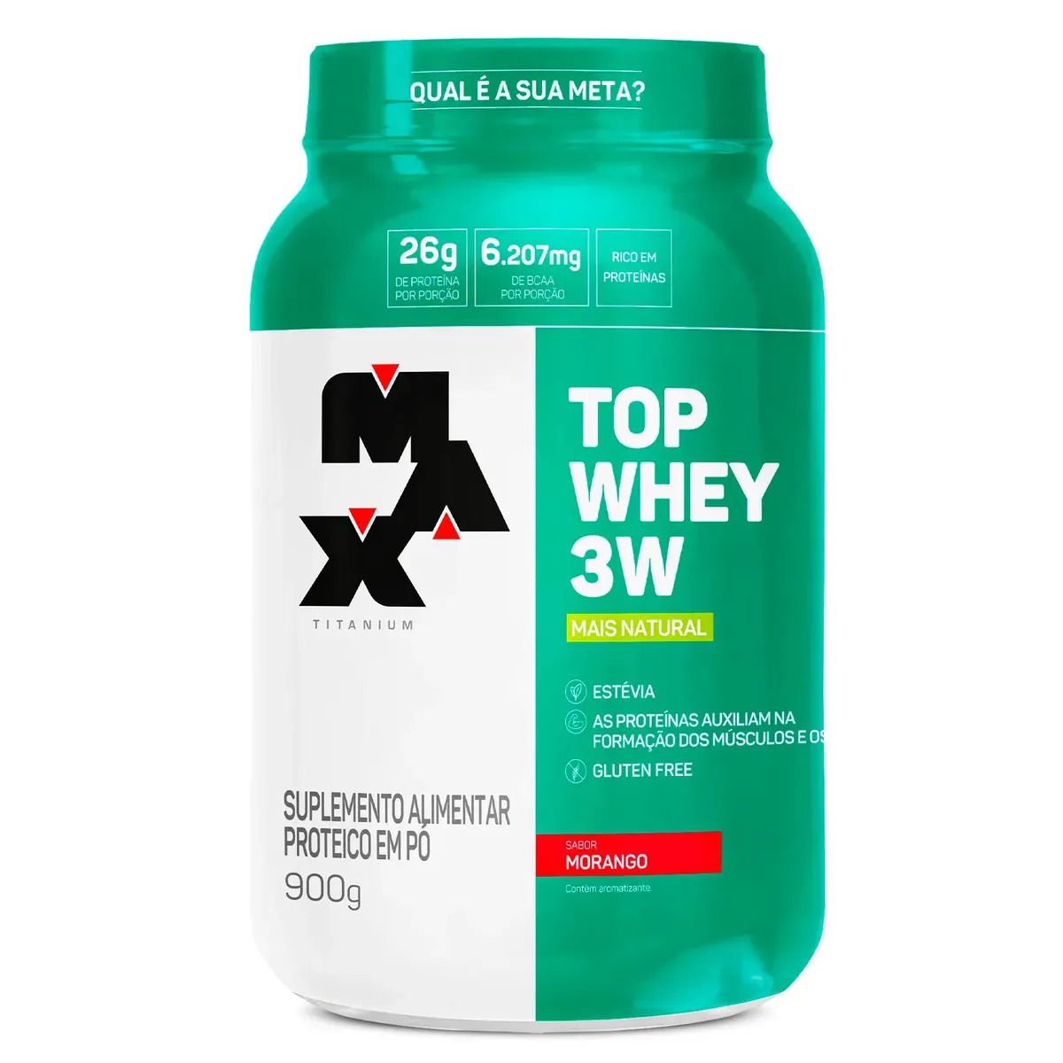 Whey Protein 3W Top Whey Natural 900g Max Titanium Sabor Morango Whey Sem Glúten