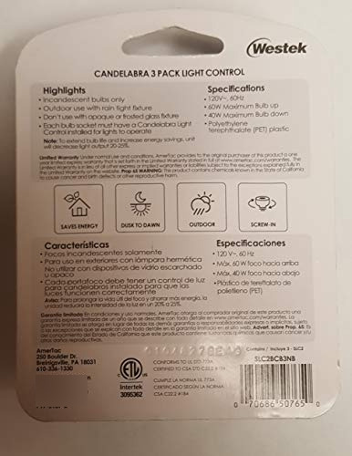 Westek Candelabra Pack De 3 Controles De Luz (ahorro De En
