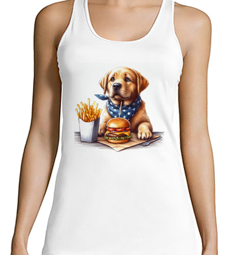 Musculosa Mujer Perro Sentado Labrador Una Burger Papas