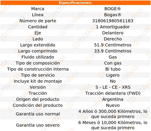 (1) Amortiguador Gas Der Del Corolla L4 1.8l 03/08 Boge