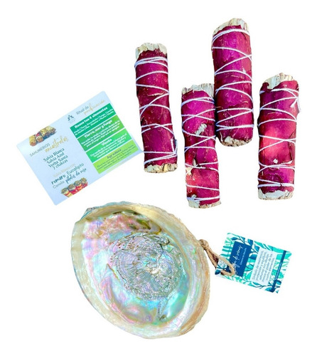 Kit De 4 Sahumerios Con Incensario Natural Concha De Abulón Fragancia Salvia Blanca con Pétalos de Rosa