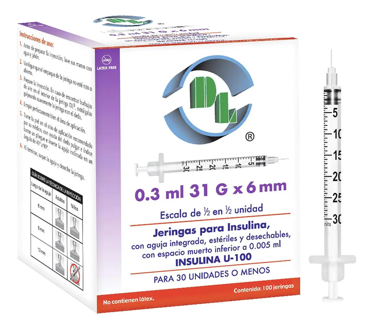 Jeringas Para Insulina Dl 0.3 Ml 31g X 6mm Caja Con 100 Pz