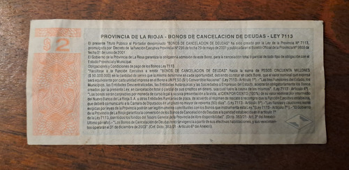 Bono Provincia De La Rioja 2 Pesos Evita Año 2001. Mb (Usado)