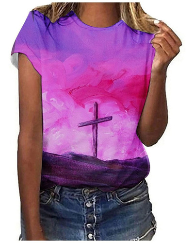 Camiseta Estampado Cruz Cristiana Jesus Para Mujer Manga