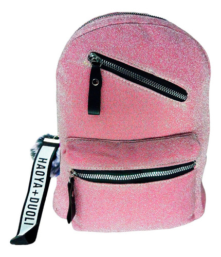 Mochila Escolar Passeio Costas Fita Pompom Bolso Brilhosa Cor Rosa-claro