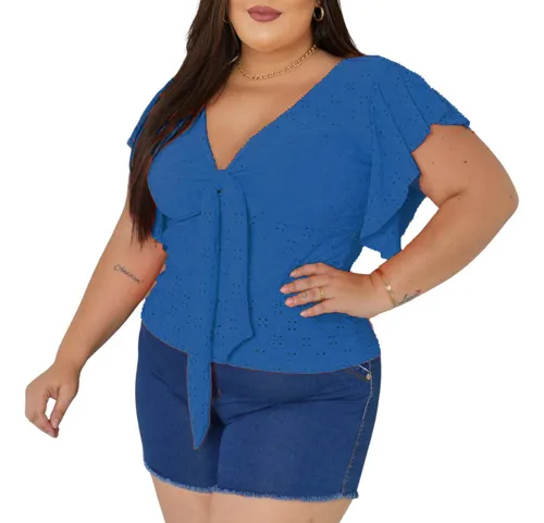 Blusa Social Feminina Plus Size Gola V Amarra o La o Linda
