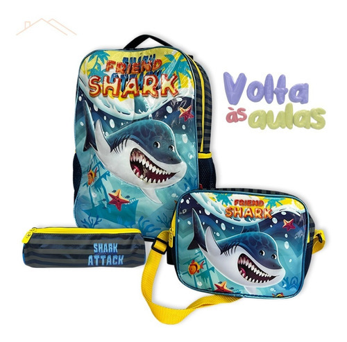 Kit Mochila Estojo Lancheira Tubarão Shark Cor Amarelo Cachorro Baby Shark Xeryus Desenho Do Tecido Cores Material Escolar Skip Hop