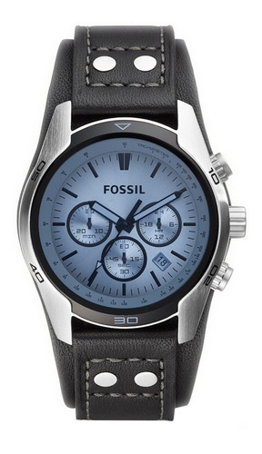 Reloj pulsera Fossil Coachman con correa de cuero color negro - fondo celeste
