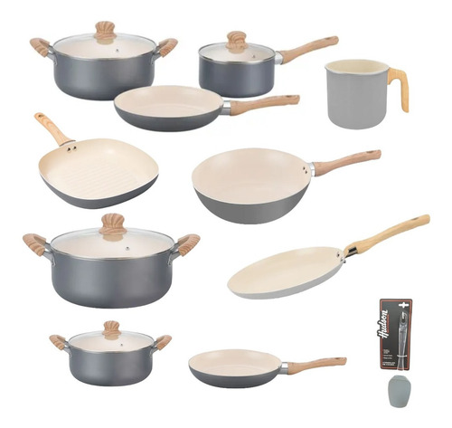 Set Hudson Gris Gray 14pz Jarro Bifera Panq Wok Olla Sarten