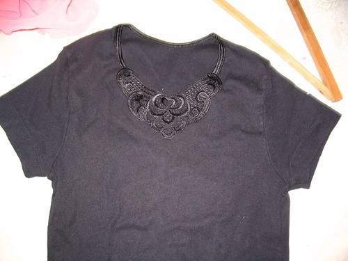 Camiseta Selu T 3 Negra Algodon Ycra Con Encaje Manga Corta