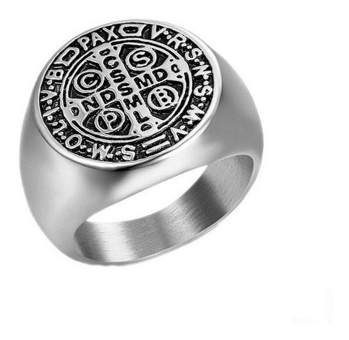 Anillo Sello San Benito Plateado Acero Inoxidable Hombre